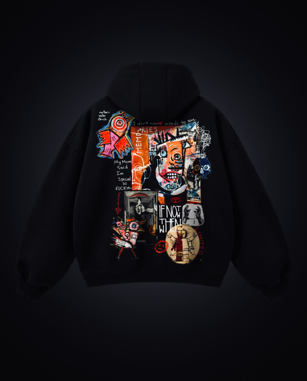 X Edition If Not Now Then When Oversized Hoodie in black, back view with neo-expressionist art collage print