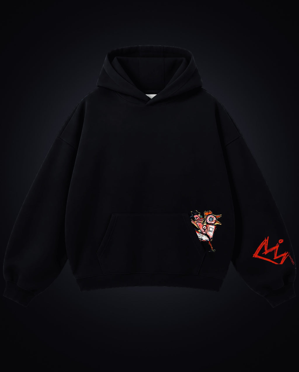 X Edition If Not Now Then When Oversized Hoodie in black, front view with pocket graphic and red crown LIMITED sleeve print