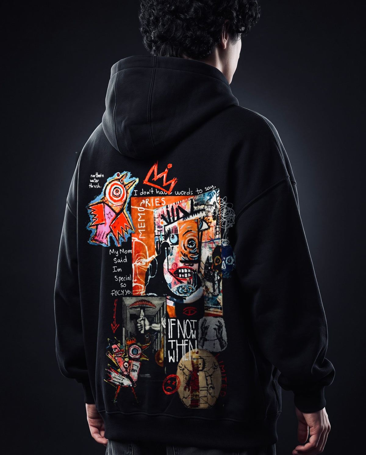 Model wearing X Edition If Not Now Then When black oversized hoodie, back view showing full art collage print